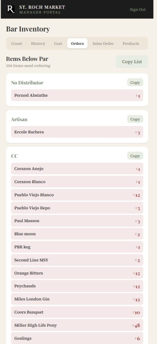 Bar inventory in the Manager Portal showing items below par grouped by distributor.