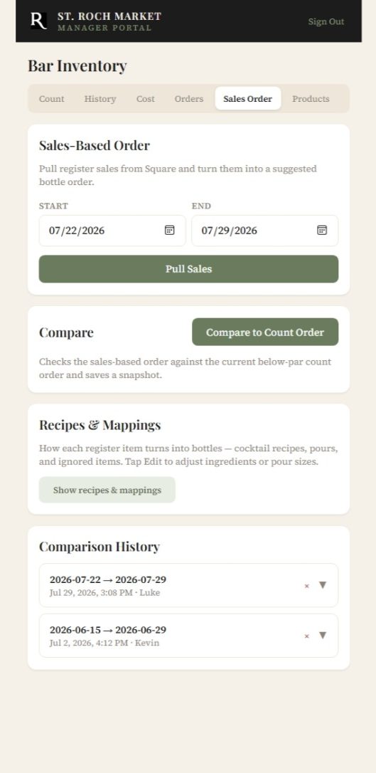 The Manager Portal sales-based ordering screen, turning Square register sales into a suggested bottle order.