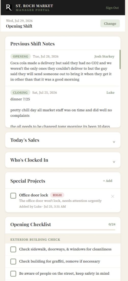 The Manager Portal opening shift view: previous shift notes, special projects, and the opening checklist.