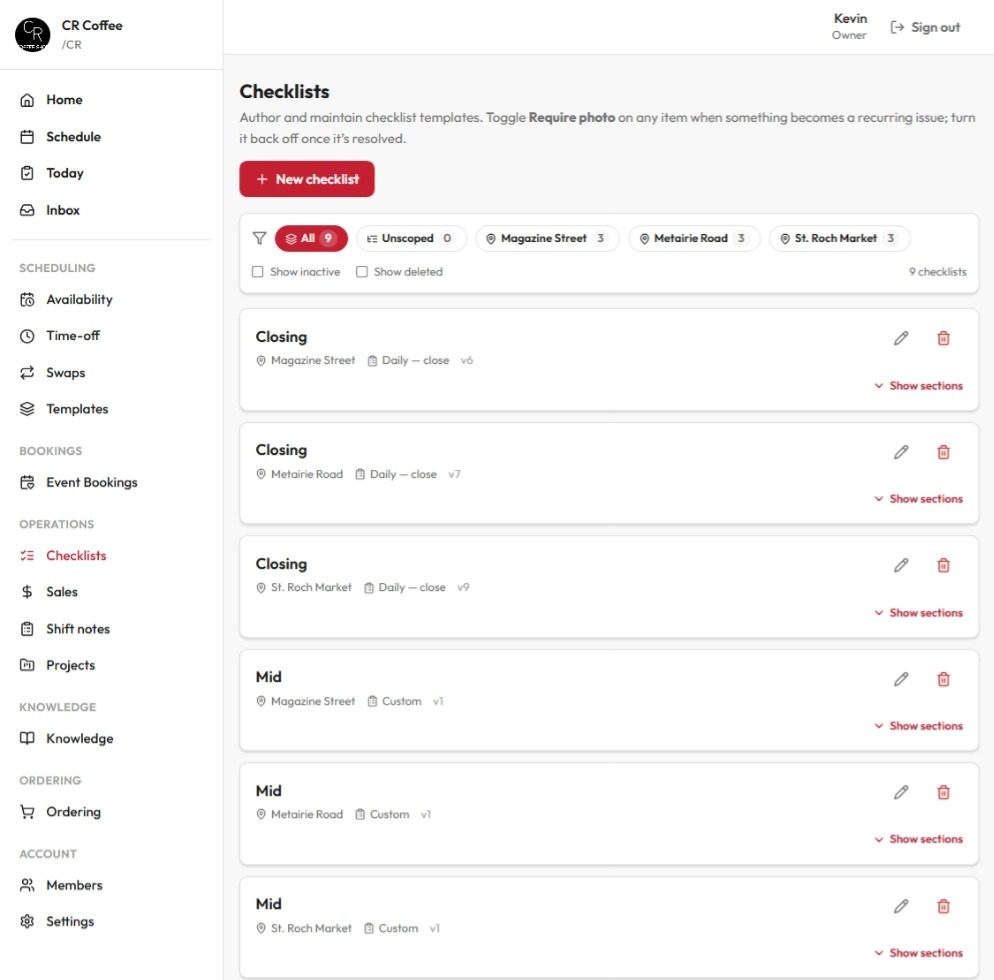 Checklist templates in the Coffee Shop Portal for three locations.