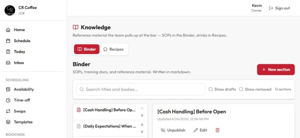 The Knowledge binder in the Coffee Shop Portal, holding SOPs, training docs, and recipes.