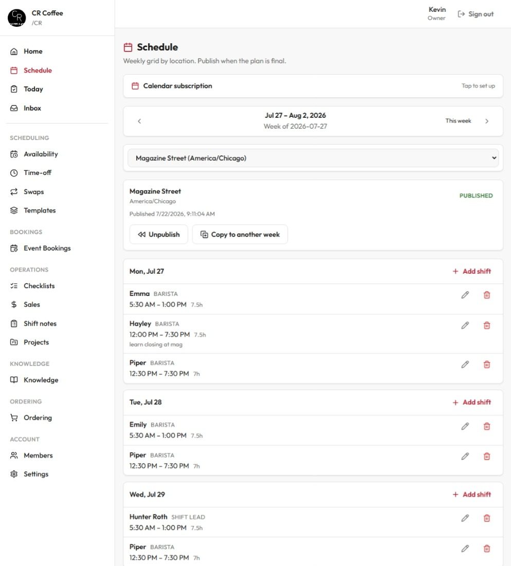 The Coffee Shop Portal schedule view: a real published week of shifts at CR Coffee.