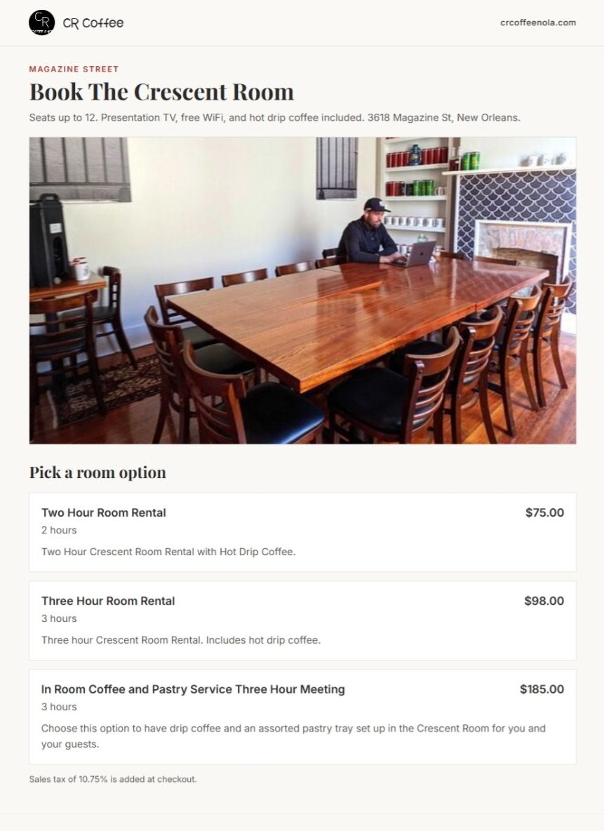 The public Crescent Room booking page: room photo, three packages with prices, and online payment.