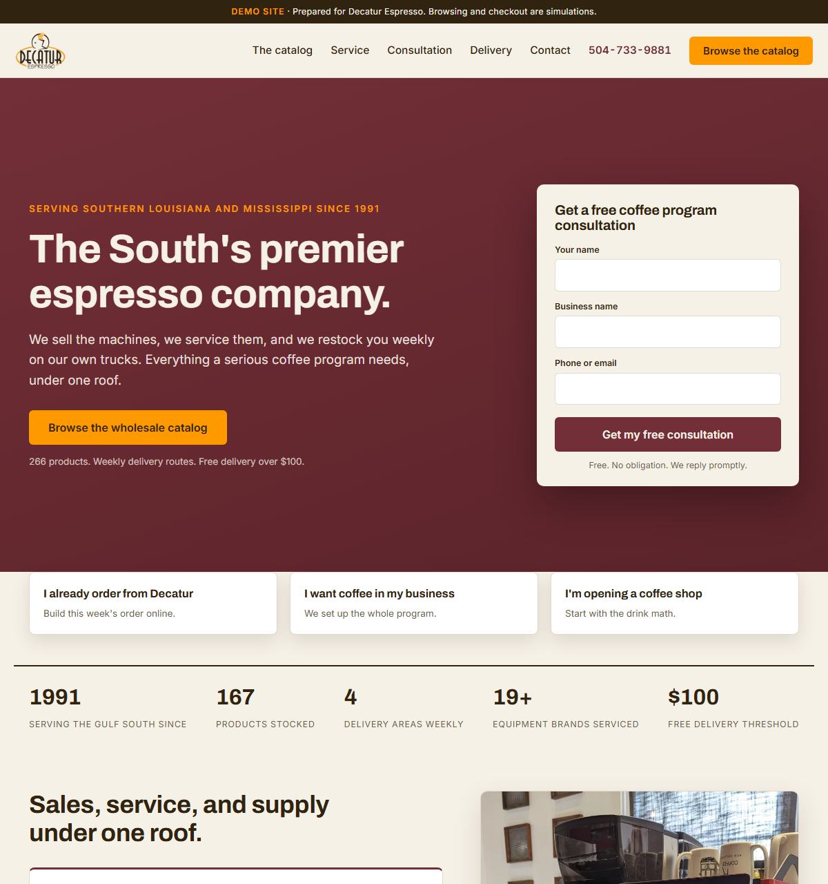 The Decatur Espresso wholesale site.