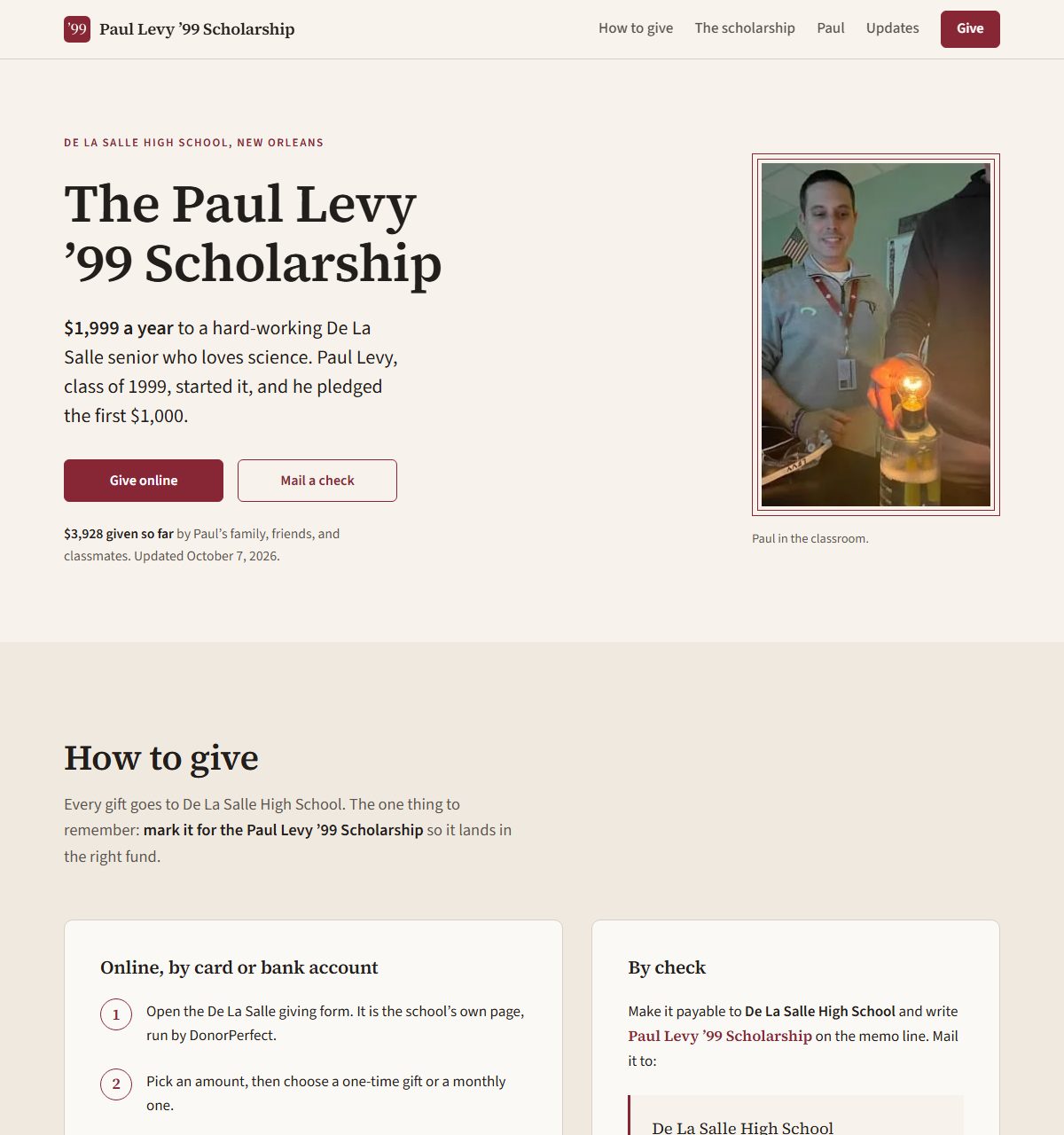 The Paul Levy '99 Scholarship homepage.