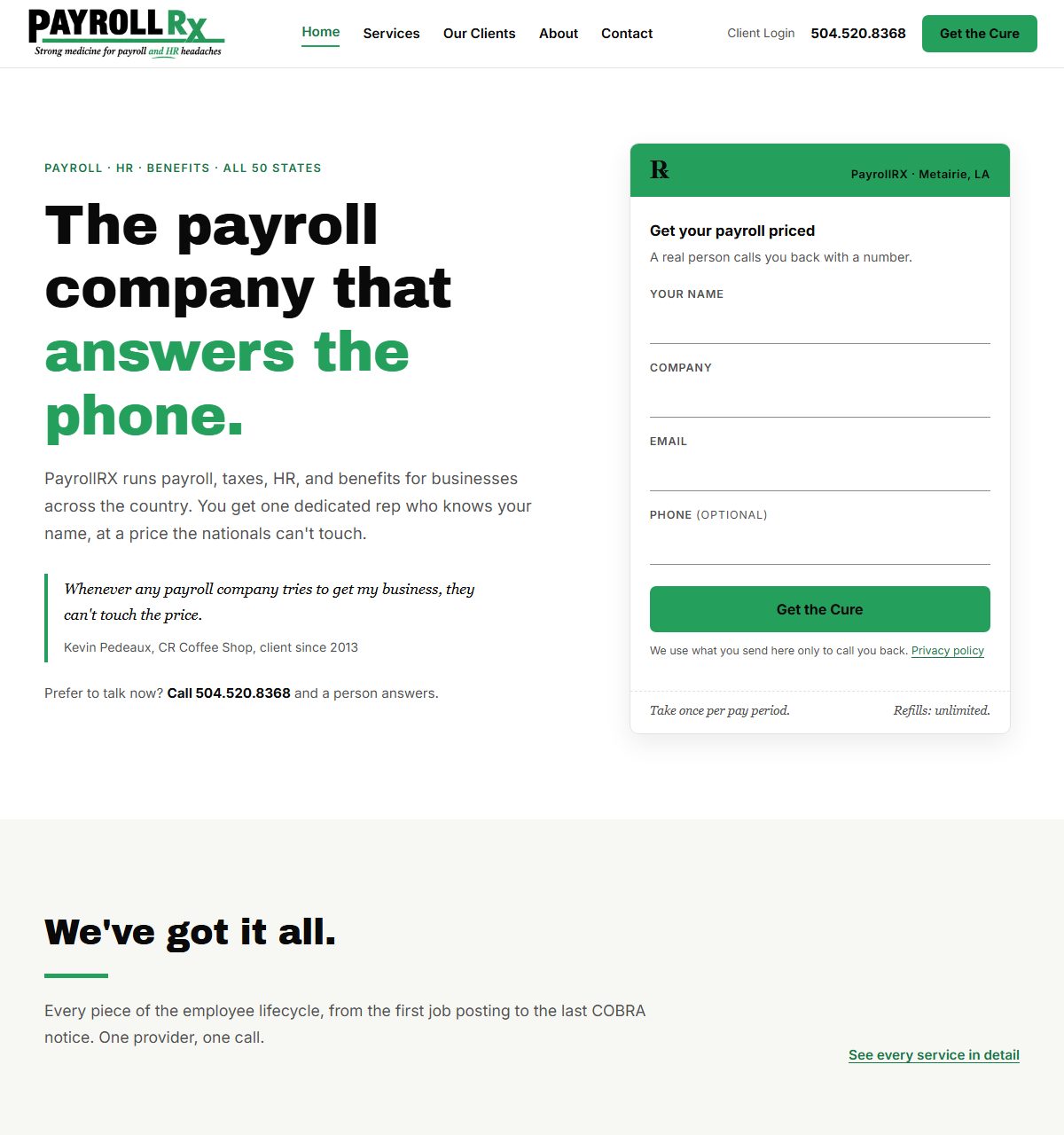 The payrollrx.com homepage.