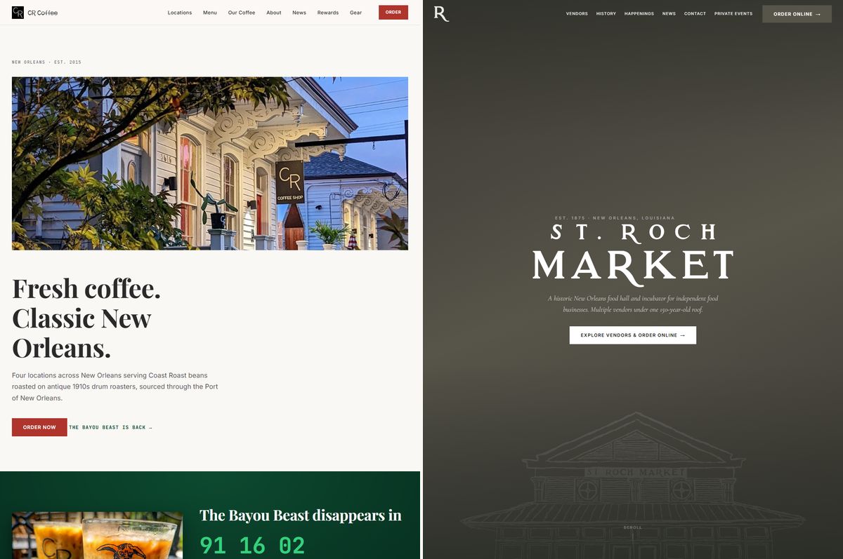 Two CoreRail-built sites side by side: the crcoffeenola.com and strochmarket.com homepages.
